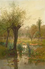 Trees and reedy marsh by Paul H. Ellis, oil on canvas, sold Mar 2024