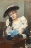 Pierre Carrier-Belleuse, Portrait d'une jeune fille au chapeau, pastel on canvas