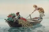 Pietro Gabrini, The floating vegetable sellers, watercolor on paper laid down on board