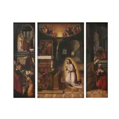 Ecole espagnole, Triptych : le panneau central : l'Annonciation; le panneau de gauche : la Presentation au Temple; le panneau de droite : la Visitation, oil on panel, a set of three framed as one
