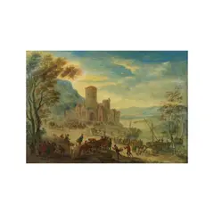 Paysage fluvial animé de figure et bateaux by Mathys Schoevaerdts, oil on copper, offered Oct 2024