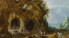Joos de Momper, Grotte avec service religieux et vue panoramique, oil on panel, the reverse stamped with the castle and hands of Antwerp