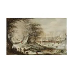 Gijsbrecht Leytens, Paysage d'hiver avec pêcheurs et chasseurs au abords d'un village, et enfants jouant sur une rivière gelée, oil on panel