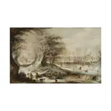 Gijsbrecht Leytens, Paysage d'hiver avec pêcheurs et chasseurs au abords d'un village, et enfants jouant sur une rivière gelée, oil on panel