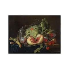 Jan Davidsz. de Heem, Nature morte aux fruits dans un plat en étain, près  d'un saupoudroir d'étain, posé sur un entablement, oil on panel