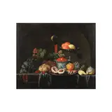 Fruits et crevettes dans un plat en étain, une coupe  d'orfèvrerie et un bol en céramique, du pain et un  citron sur la table by le vieux Jan Pauwel Gillemans, oil on canvas, sold Oct 2024