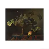 Pierre Dupuis, Nature morte avec coupe de raisins, une pêche et un melon sur une table tapissée, oil on canvas
