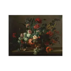 Gilles Dutillieu, Fleurs dans un vase de bronze avec quelques fruits auprès, oil on canvas