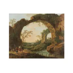 Jean-Baptiste Pillement, Personnages sous un arc rocheux près d'une rivière, oil on canvas