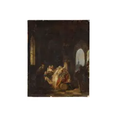 Jean Baptiste Mallet, Marguerite d'Ecosse embrassant le poète Alain  Chartier assoupi, oil on panel