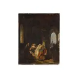 Jean Baptiste Mallet, Marguerite d'Ecosse embrassant le poète Alain  Chartier assoupi, oil on panel