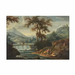 Marco Ricci, Paysage au bord de l'eau, animé de figures, oil on canvas