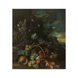 Matthias Withoos, Nature morte aux fleurs et fruits posées au sol, un paysage au lointain, oil on canvas