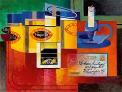 Rudolf Ausleger, Stilleben mit Postkarte, 1924, Öl und Collage auf Leinwand