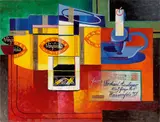 Rudolf Ausleger, Stilleben mit Postkarte, 1924, Öl und Collage auf Leinwand