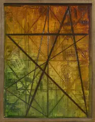Hermann Glöckner, Konstruktion mit acht Zacken über Grün bis Braun, 1958, Tempera, Gips, Ritzung und Lack auf Pappe. Rückpappe vom Künstler angefügt, mit Goldbronzeleiste gerahmt