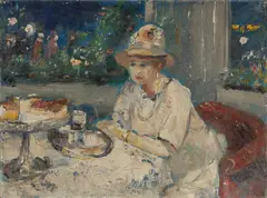 Lesser Ury, Dame in Weiß auf einer Café-Terrasse, Um 1928, Öl auf Leinwand