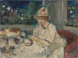 Lesser Ury, Dame in Weiß auf einer Café-Terrasse, Um 1928, Öl auf Leinwand
