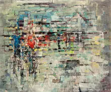 Jacques Dupont, Geometric Abstraction with Bicycle Riders, 1955, Oil on canvas