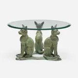 Egyptian Style, Low table with Bastet figures, patinated brass, glass