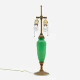 Alexander Joseph von Steuben, Gothic table lamp, c. 1920, acid-etched Green Jade glass, gilt metal