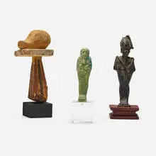Ancient Egyptian, Collection of three Antiquity objects, bronze, painted wood, faience