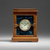 Mantel clock by J. & J.G. Low Art Tile Works, c. 1900, glazed earthenware, carved wood, brass, enameled copper, sold Feb 2024