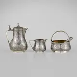 Mikhail Fyodorovich Sokolov, Three-piece tea service, 1896, silver gilt niello