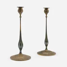 Marshall Field & Co., Candlesticks, pair, c. 1910, patinated brass