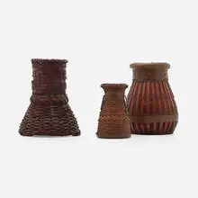 Japanese ikebana baskets with metal mounts, set of two by Dirk Van Erp, c. 1910-20, wicker, handwrought copper, sold Feb 2024