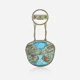 Antoinette Krasnik for Loetz, Papillon medallion / dance card holder, 1902, patinated bronze, metal, iridized glass