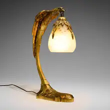 Charles Ranc, Art Nouveau eagle table lamp with Schneider shade, c. 1925, gilt bronze, hand-blown glass