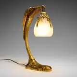 Charles Ranc, Art Nouveau eagle table lamp with Schneider shade, c. 1925, gilt bronze, hand-blown glass