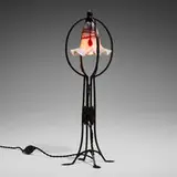 Bohemian, Desk lamp with Pallme-König shade, c. 1910, wrought iron, hand-blown glass, copper