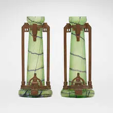 Bohemian, Secessionist vases with metal mounts, pair, c. 1905, mold-blown glass, patinated metal