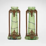 Bohemian, Secessionist vases with metal mounts, pair, c. 1905, mold-blown glass, patinated metal