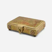 Jugendstil playing card box by Erhard & Söhne, c. 1910, brass, rosewood, velvet, sold Feb 2024