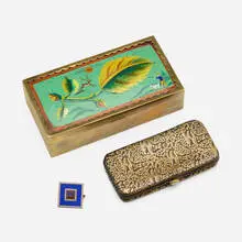 Wiener Werkstätte, Collection of three accessories, c. 1910-1928, brass, enameled brass, ebonized wood, gilt and embossed leather