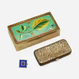 Wiener Werkstätte, Collection of three accessories, c. 1910-1928, brass, enameled brass, ebonized wood, gilt and embossed leather