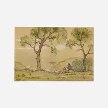 Untitled (Landscape with Sheep and Figures) by Harold Harrington Betts, 1907, pencil, watercolor and gouache on paper, sold Feb 2024