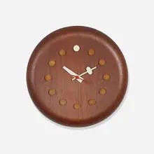 Stool Seat wall clock, model 7512 by George Nelson & Associates, c. 1957, teak, lacquered teak, lacquered aluminum, sold Feb 2015