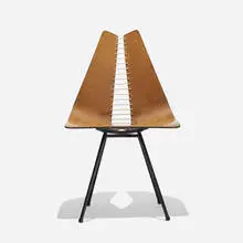 attribution Carl Wood, chair, c. 1955, walnut plywood, enameled steel, rope, brass, plastic
