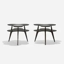 Erno Fabry, occasional tables, pair, c. 1955, stained ash, glass