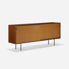 Florence Knoll, cabinet, model 116, 1948, walnut, caning, enameled steel, leather