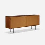 Florence Knoll, cabinet, model 116, 1948, walnut, caning, enameled steel, leather