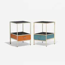 George Nelson & Associates, Steelframe nightstands, pair, 1950, laminate, enameled steel, lacquered wood, aluminum