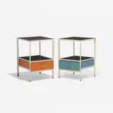 Steelframe nightstands, pair by George Nelson & Associates, 1950, laminate, enameled steel, lacquered wood, aluminum, sold Feb 2015