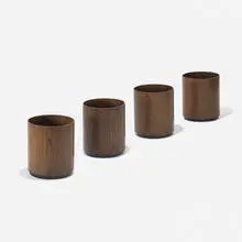 Jens Risom, wastepaper baskets, set of four, c. 1960, stained oak plywood, plastic