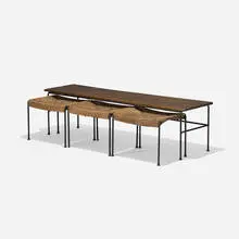 Arthur Umanoff, bench and set of three stools, 1957, enameled steel, maple, rush, plastic