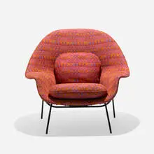 Eero Saarinen, prototype Womb chair, 1948, Jack Lenor Larsen upholstery, enameled steel